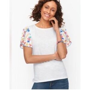 Talbots‎ White Embroidered Flutter Sleeve Top Summer Casual Blouse